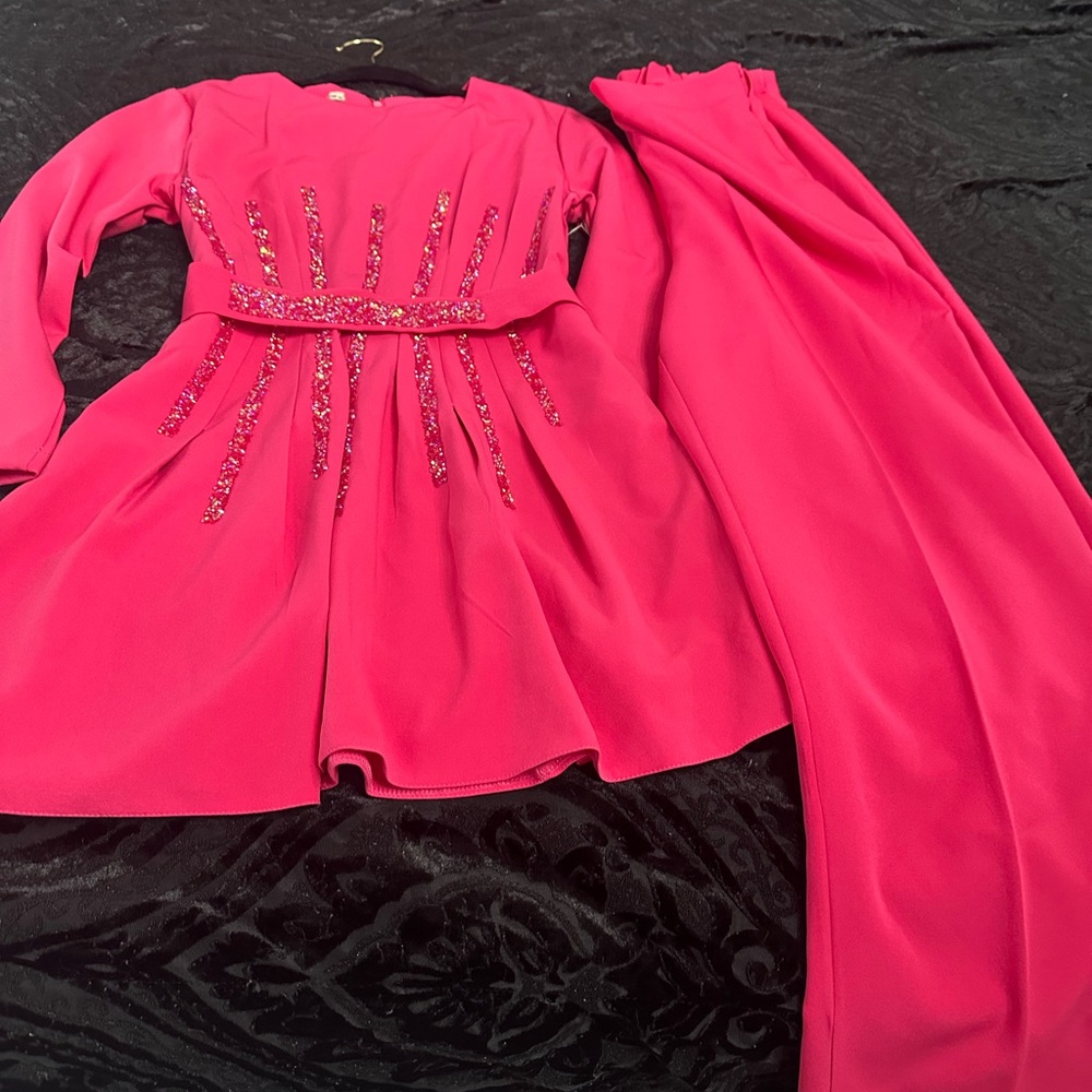 Women  Pink Embellished Long Sleeve peplum outfit with wide leg pants